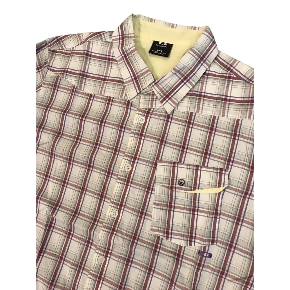 Oakley Button Down Shirt‎ Mens Large White Red Plaid Short Sleeve Regular Fit